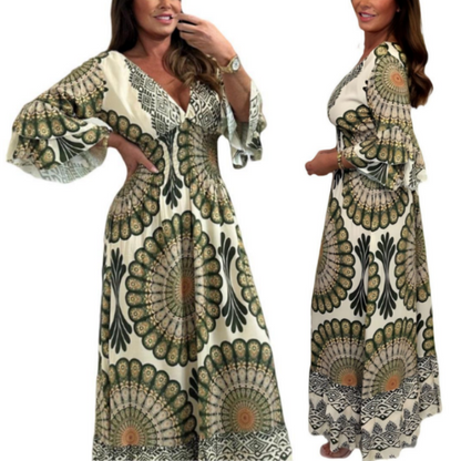 Women's Retro Boho Deep V-Neck Maxi Dress