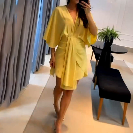 🌴Summer Specials🌴Solid Color V-Neck Backless Dress with Ruffle Waist