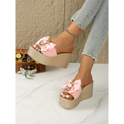 Bowknot PU Leather Wedge Slippers