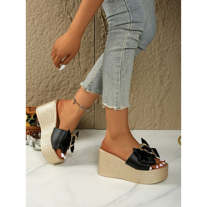 Bowknot PU Leather Wedge Slippers