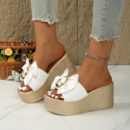 Bowknot PU Leather Wedge Slippers