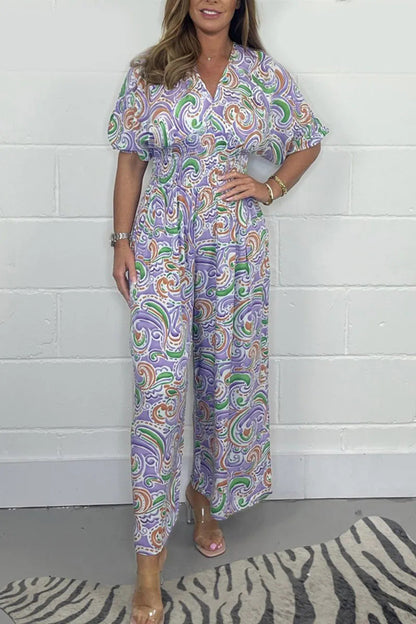 💖2025 SUMMER NEW-50% OFF💖Women's V-Neck Printed Short-Sleeve Jumpsuits