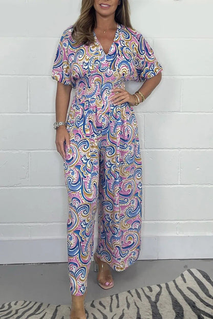 💖2025 SUMMER NEW-50% OFF💖Women's V-Neck Printed Short-Sleeve Jumpsuits