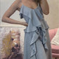 Women's Fashion Ruffle Hem Spaghetti Top Drawstring Wide Leg Pants Set