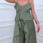 Women's Fashion Ruffle Hem Spaghetti Top Drawstring Wide Leg Pants Set