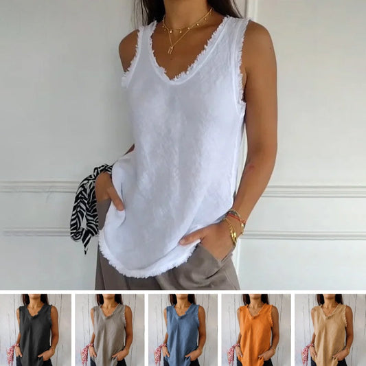 Linen and cotton sleeveless T-shirt for women