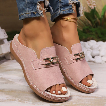 Wedge Peep Toe Sandals with Metal Decoration
