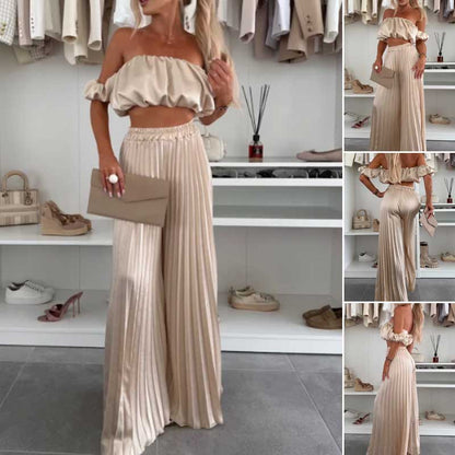 Women’s Sexy Solid Color Top Wide Leg Pants Two Pieces Set