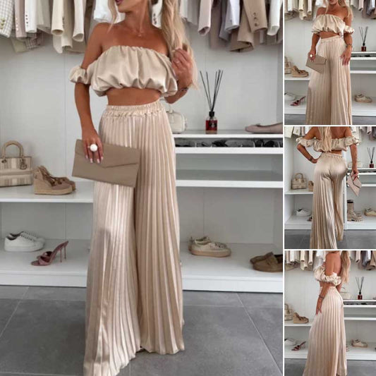 Women’s Sexy Solid Color Top Wide Leg Pants Two Pieces Set