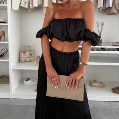 Women’s Sexy Solid Color Top Wide Leg Pants Two Pieces Set