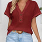 Casual Short Sleeve V-Neck Waffle Button T-Shirt