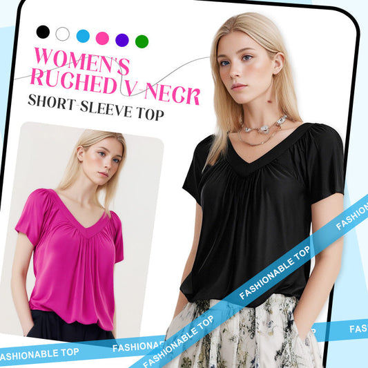 Women's Ruched V-Neck Short-Sleeve Top