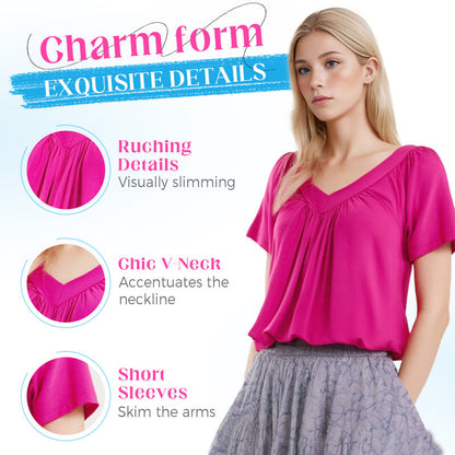 Women's Ruched V-Neck Short-Sleeve Top