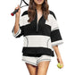 Women’s Striped Half Zip Tops ＆ Shorts Two-Piece Set