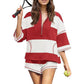 Women’s Striped Half Zip Tops ＆ Shorts Two-Piece Set