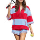 Women’s Striped Half Zip Tops ＆ Shorts Two-Piece Set