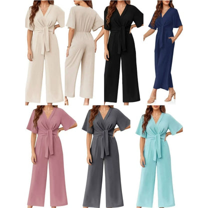 💖LAST DAY SALE 50% OFF💖✈️BUY 2 FREE SHIPPING✈️Women's Elegant V-Neck Wide Leg Waist Tie Jumpsuit