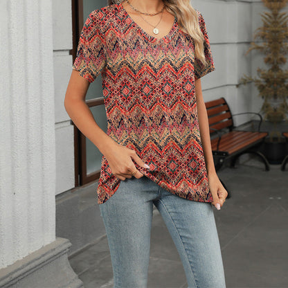 V-Neck Short Sleeve Printed T-Shirt