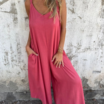 🍧Summer Hot Sale 💞Women's Casual Loose Cotton-Linen Blend Jumpsuit with Pockets and Adjustable Straps