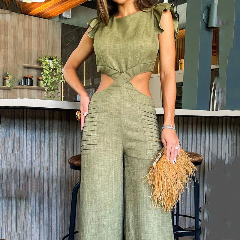 Women's Elegant Solid Color Ruffle Jumpsuit