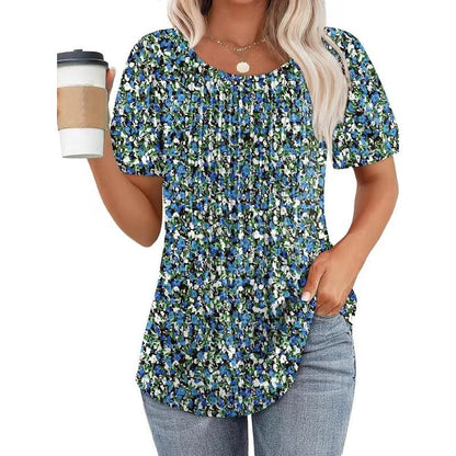 🔥2025 HOT SALE 50% OFF🔥 Round Neck Pleated Short Sleeve Printed T-Shirt