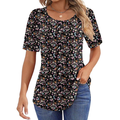 🔥2025 HOT SALE 50% OFF🔥 Round Neck Pleated Short Sleeve Printed T-Shirt
