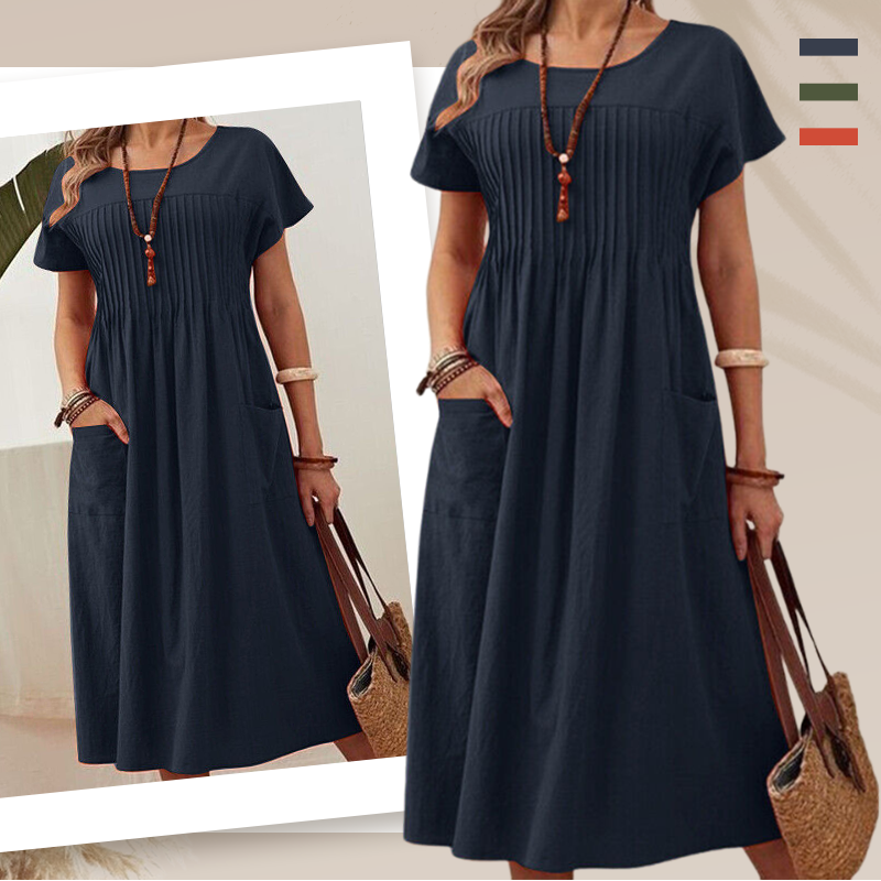 🌸 50% OFF NOW! 👗 Women’s Pleated Short-Sleeve Dress with Pockets – Soft Cotton-Linen Blend ☀️👜