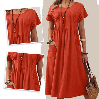 🌸 50% OFF NOW! 👗 Women’s Pleated Short-Sleeve Dress with Pockets – Soft Cotton-Linen Blend ☀️👜