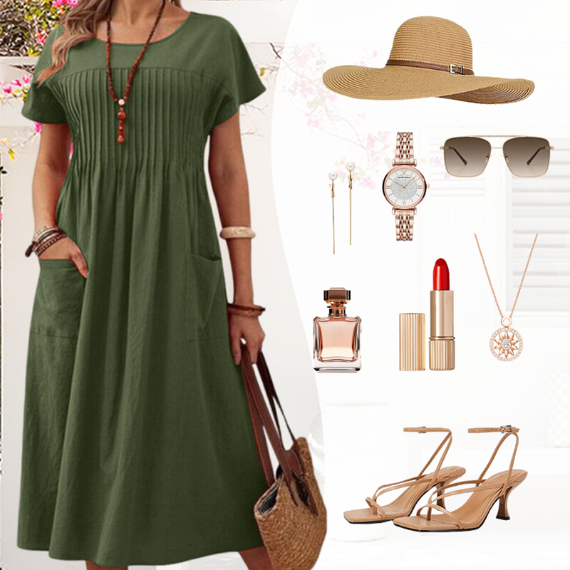 🌸 50% OFF NOW! 👗 Women’s Pleated Short-Sleeve Dress with Pockets – Soft Cotton-Linen Blend ☀️👜