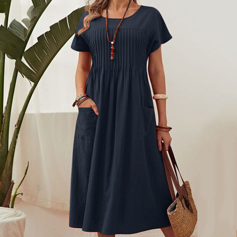 🌸 50% OFF NOW! 👗 Women’s Pleated Short-Sleeve Dress with Pockets – Soft Cotton-Linen Blend ☀️👜