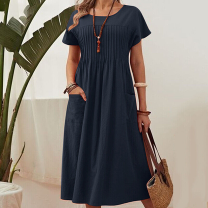 🌸 50% OFF NOW! 👗 Women’s Pleated Short-Sleeve Dress with Pockets – Soft Cotton-Linen Blend ☀️👜