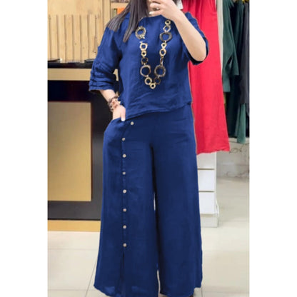 Women's Solid Color Casual 3/4 Sleeve Top Loose Button Pants 2-Piece Set