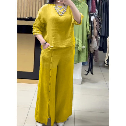 Women's Solid Color Casual 3/4 Sleeve Top Loose Button Pants 2-Piece Set