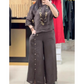 Women's Solid Color Casual 3/4 Sleeve Top Loose Button Pants 2-Piece Set