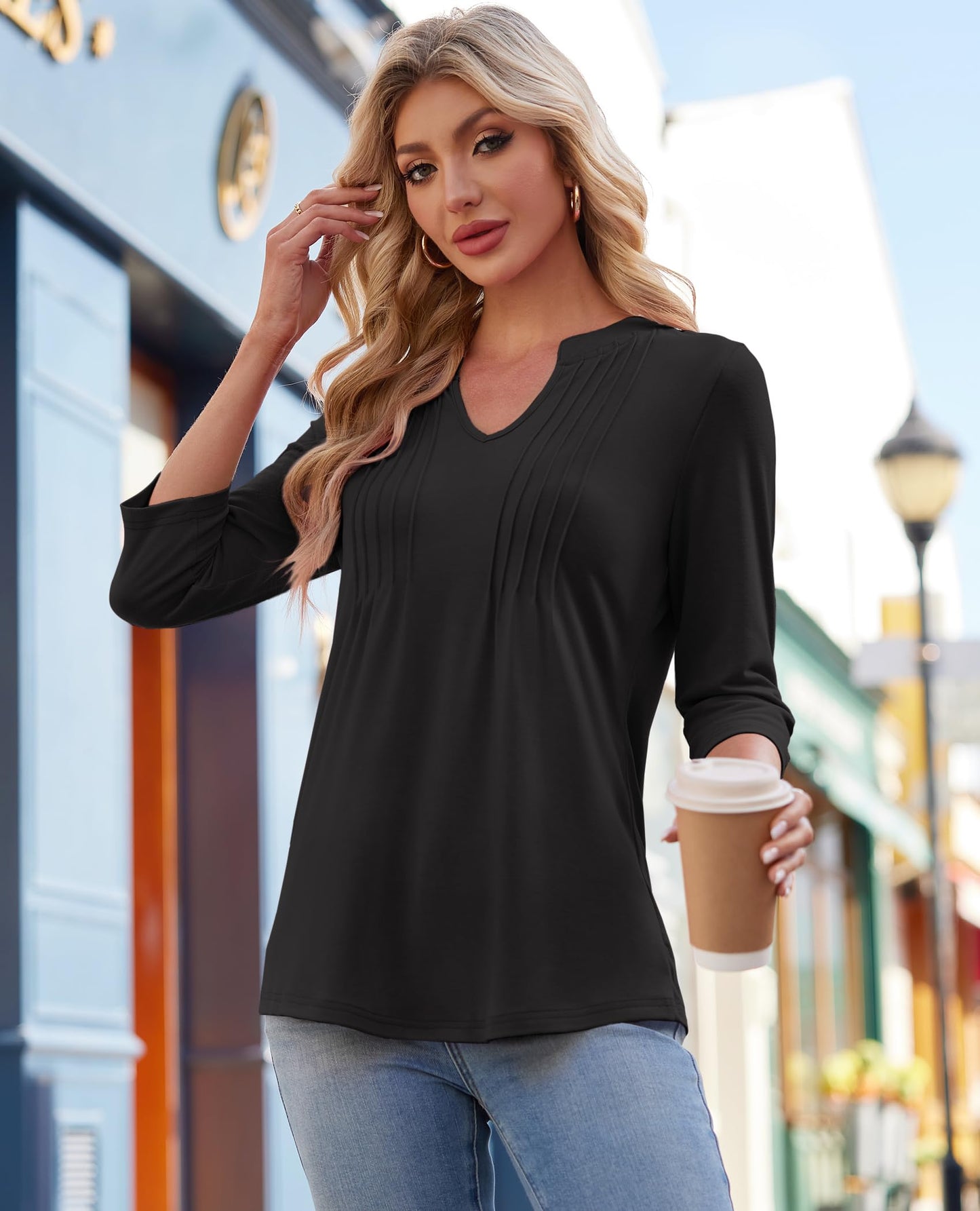 🌷Summer Hot Sale 50% Off💕2025 Womens Casual 3/4 Sleeve Pleated Tunic Blouse Top(💥BUY 2 FREE SHIPPING✈️)