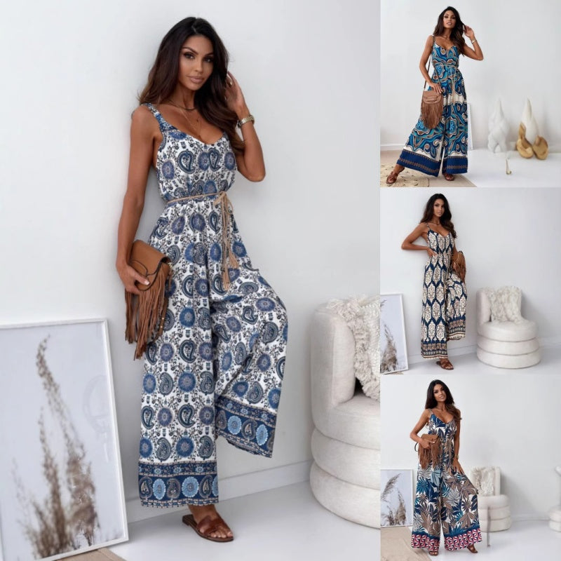Women’s Trendy Print Backless Jumpsuit with Tassel Belt