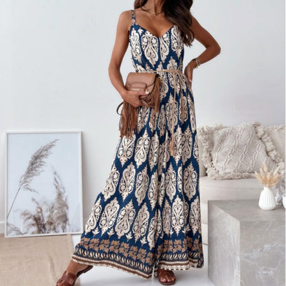 Women’s Trendy Print Backless Jumpsuit with Tassel Belt