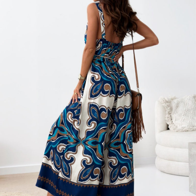 Women’s Trendy Print Backless Jumpsuit with Tassel Belt