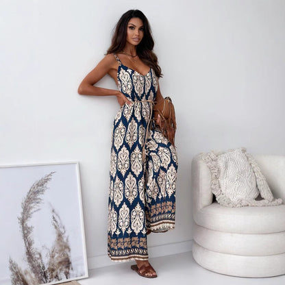 Women’s Trendy Print Backless Jumpsuit with Tassel Belt