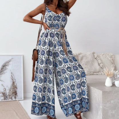 Women’s Trendy Print Backless Jumpsuit with Tassel Belt
