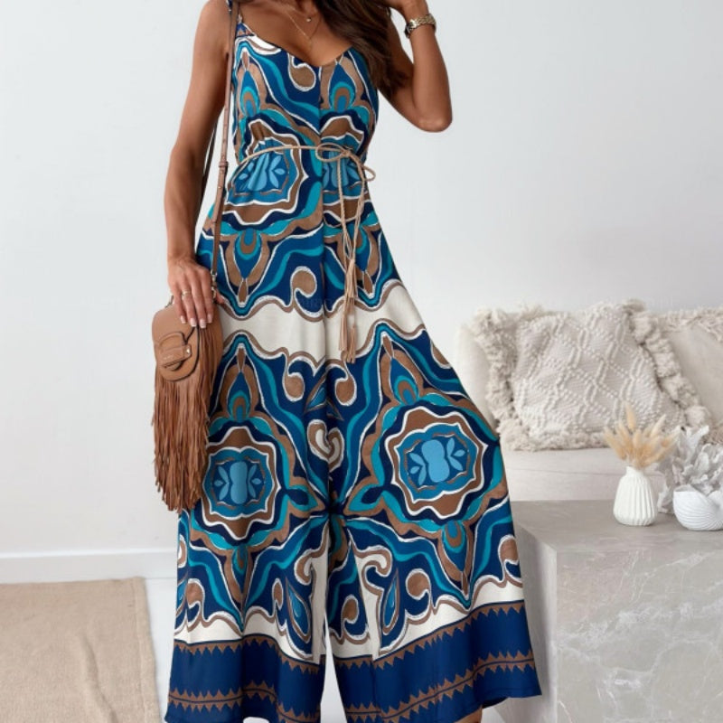 Women’s Trendy Print Backless Jumpsuit with Tassel Belt