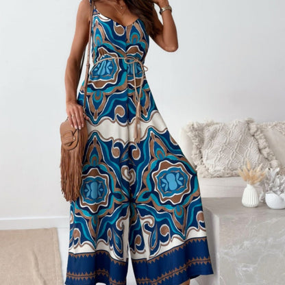 Women’s Trendy Print Backless Jumpsuit with Tassel Belt