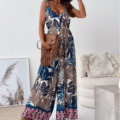 Women’s Trendy Print Backless Jumpsuit with Tassel Belt