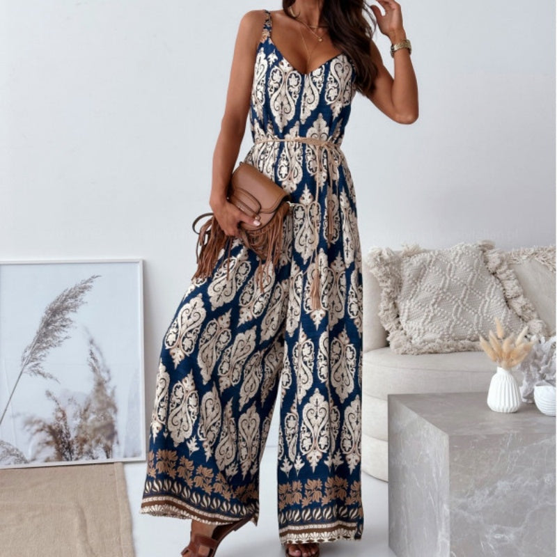 Women’s Trendy Print Backless Jumpsuit with Tassel Belt