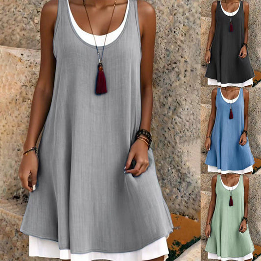 Women's Casual Loose Sleeveless Fake Two Piece Tank Dresses