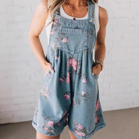 Fashionable Vintage Floral Print Denim Jumpsuit