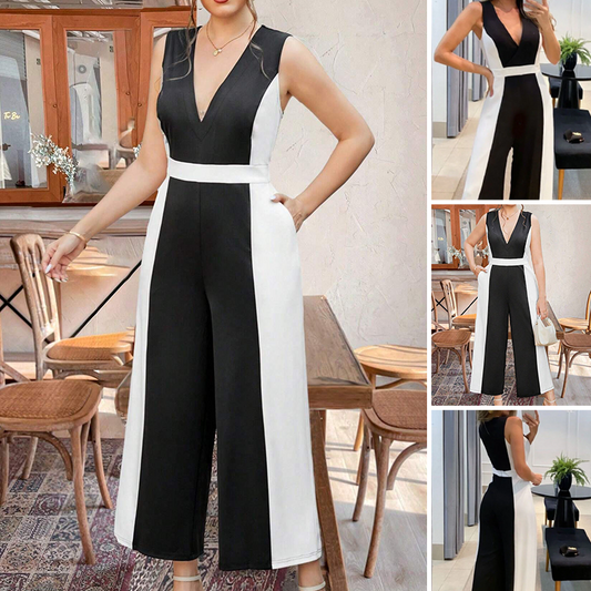 Elegant Black & White Contrast V-Neck Sleeveless Wide-Leg Jumpsuit