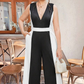 Elegant Black & White Contrast V-Neck Sleeveless Wide-Leg Jumpsuit