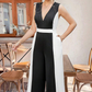 Elegant Black & White Contrast V-Neck Sleeveless Wide-Leg Jumpsuit