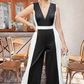 Elegant Black & White Contrast V-Neck Sleeveless Wide-Leg Jumpsuit